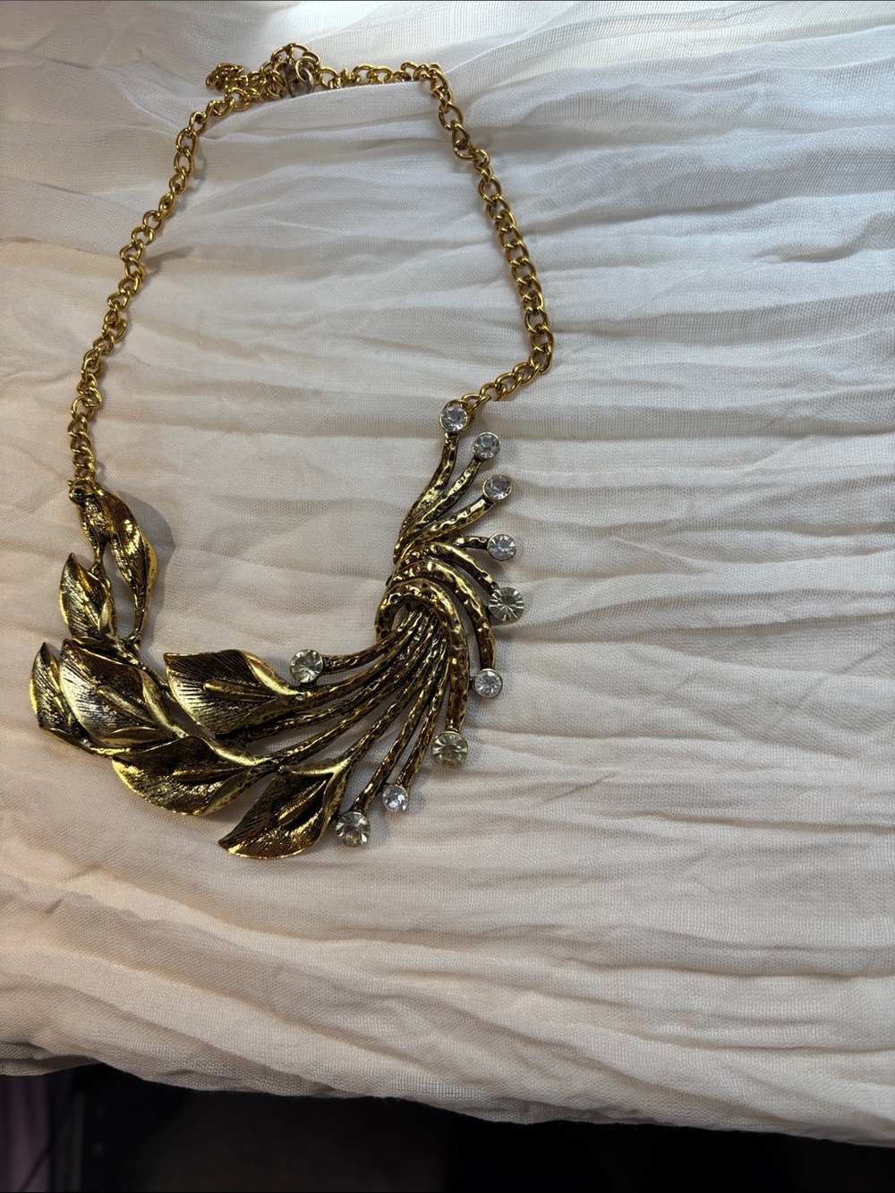 Gold Leaf Crystal Accent Statement Necklace